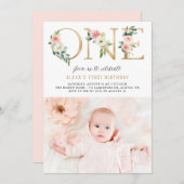 ピーチ花模様フェイクゴールドフォイルファースト誕生日写真 招待状 (正面/裏面)