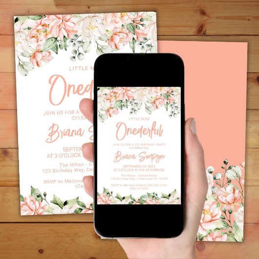 ピーチ赤面アイボリーフローラオネダーフル誕生日 招待状