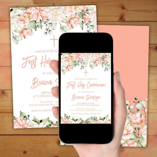 ピーチ赤面アイボリーフローラファーストホーリーコミュニオン 招待状