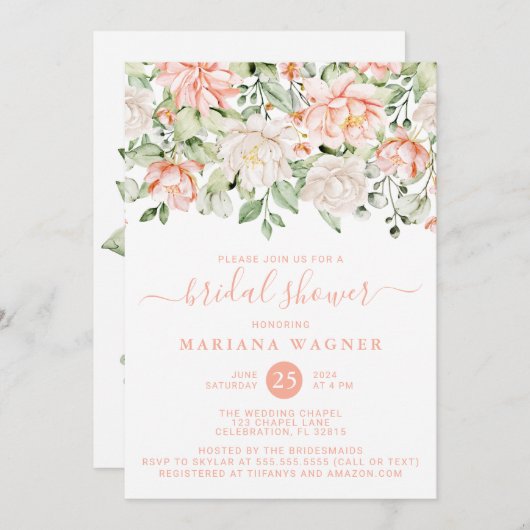 ピーチ赤面アイボリーフローラブライダルシャワー 招待状 (正面/裏面)