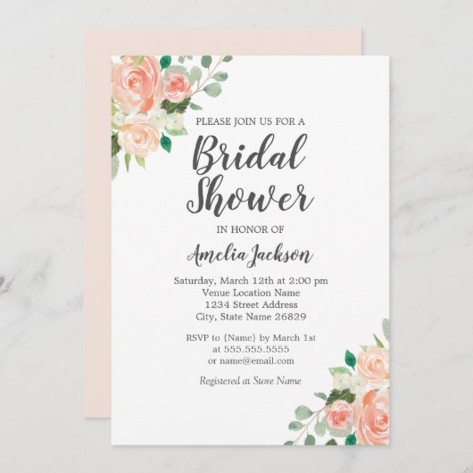 ピーチ赤面ウォーターカラーフローラブライダルシャワー 招待状 (正面/裏面)