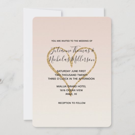 ピーチ赤面グラデーション金ゴールドグリジーハート 招待状 (正面)