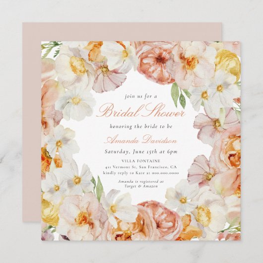 ピーチ赤面サマーフラワーズロマンティックブライダルシャワー 招待状 (正面/裏面)