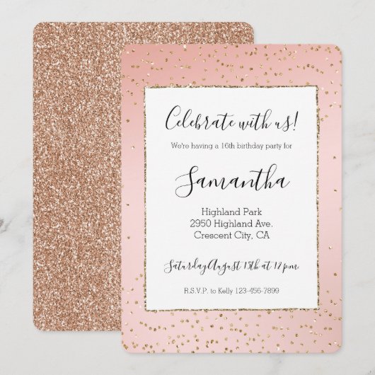 ピーチ赤面ピンクグラデーション金ゴールドグリッター紙吹雪 招待状 (正面/裏面)