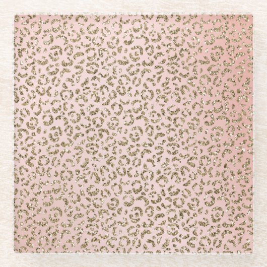 ピーチ赤面ピンクグリッター金ゴールドレオパードプリント   ガラスコースター (正面)