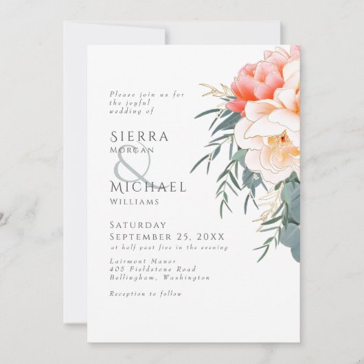 ピーチ赤面ピンクピーニユーカリプ結婚スグリーンズ 招待状 (正面)