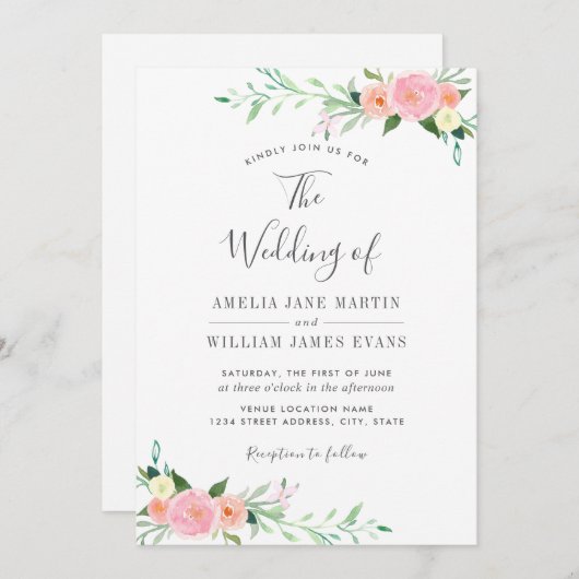 ピーチ赤面フローラウォーターカラー結婚式招待状 招待状 (正面/裏面)