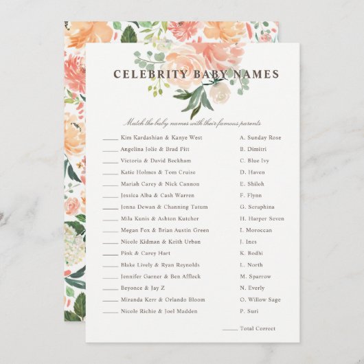 ピーチ赤面フローラ有名人ベビーネームゲーム 招待状 (正面/裏面)