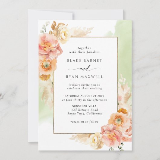 ピーチ赤面フローラ、グリーンウォーター色シック結婚ズ 招待状 (正面)