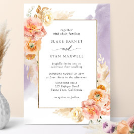 ピーチ赤面フローラ、パープルウォーターカラーシック結婚ズ 招待状