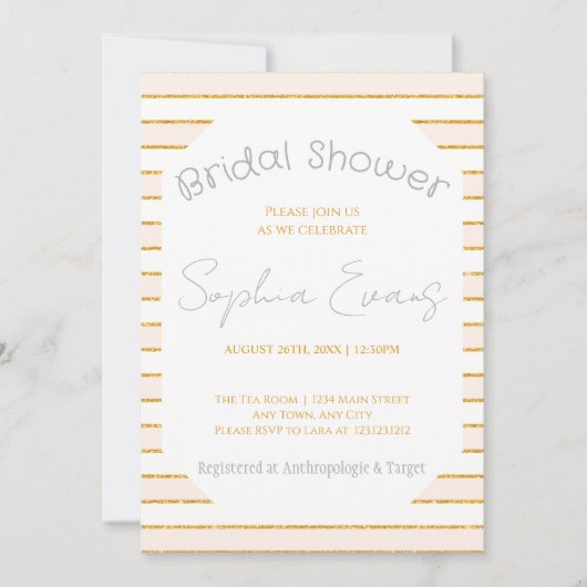 ピーチ赤面及び金ゴールドストライプのブライダルシャワー 招待状 (正面)