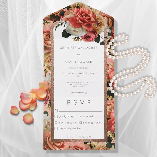 ピーチ赤面&ピンク素朴バラディナー オールインワン招待状