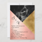 ピーチ金ゴールドと黒の大理石ジオメトリ 招待状 (正面)