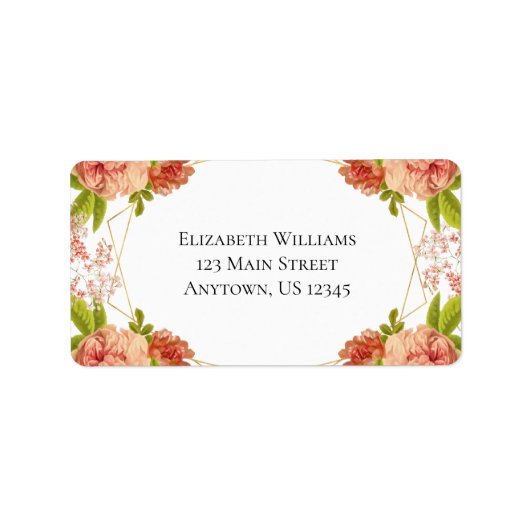 ピーチ金ゴールドウォーターカラーフラワーズ差出人住所 ラベル (正面)