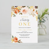 ピーチ金ゴールドオレンジフローラガール1st誕生日 箔招待状 (立ち正面)