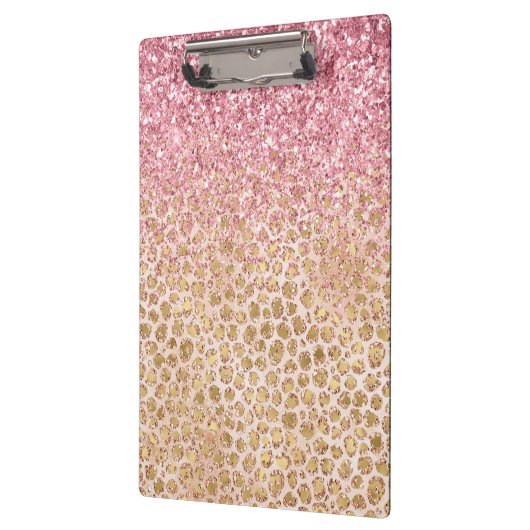 ピーチ金ゴールドガーリーレオパードプリントピンクグリッターグリッジ クリップボード (左)