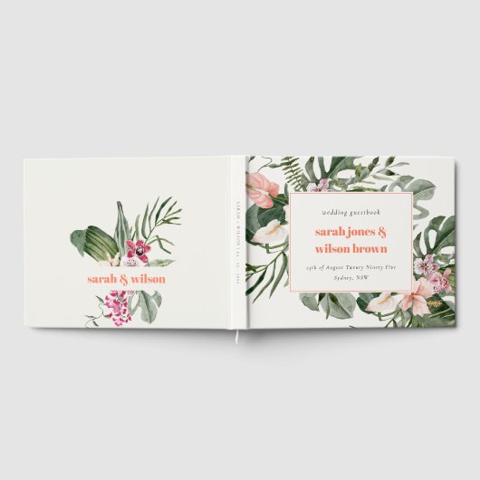 ピーチ鮮やか赤面熱帯フローラ結婚ズ ゲストブック (全面)