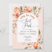 ピーチ1歳の誕生日招待状。一粒の甘い桃 招待状 (正面)