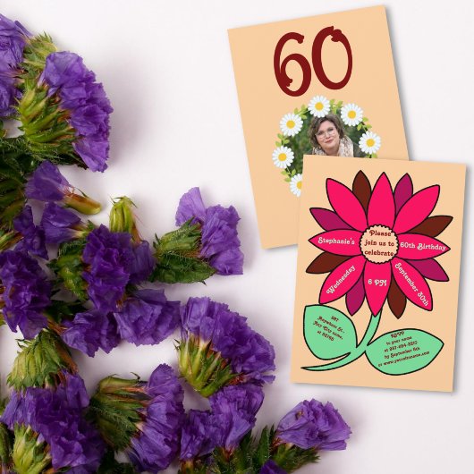 ピーチ60誕生日シンプルレッドサンフラワー 招待状