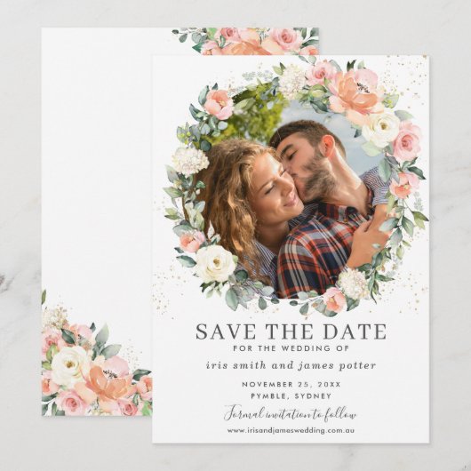 ピーチ アイボリー ピンク フラワー フォト セーブ・ザ・デート カード (正面/裏面)