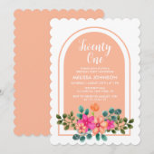 ピーチ オレンジ スプリング フローラ ボタニカル 21歳の誕生日 招待状 (正面/裏面)