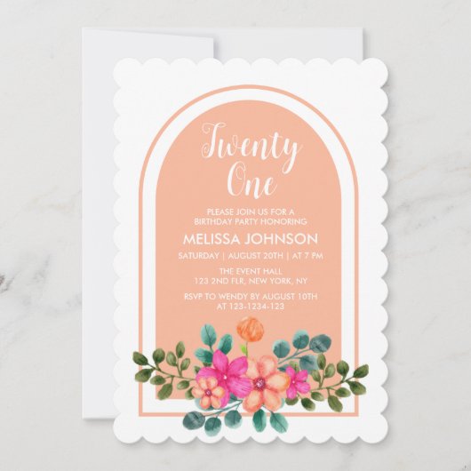 ピーチ オレンジ スプリング フローラ ボタニカル 21歳の誕生日 招待状 (正面)