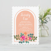 ピーチ オレンジ スプリング フローラ ボタニカル 21歳の誕生日 招待状 (スタンド正面)