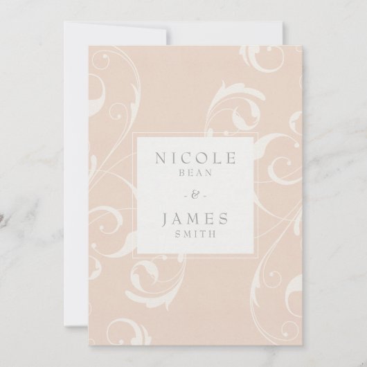 ピーチ&クリーミーホワイトフローラスワールエレガントな結婚式 招待状 (正面)