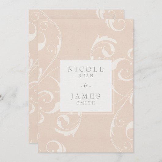 ピーチ&クリーミーホワイトフローラスワールエレガントな結婚式 招待状 (正面/裏面)