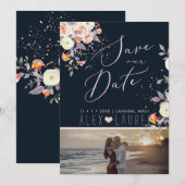 ピーチ・クリームの水彩ローズ Save the Date 招待状 (正面/裏面)