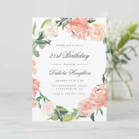 ピーチ&クリームウォーターカラーピーニーバースデーパーティー 招待状 (スタンド正面)