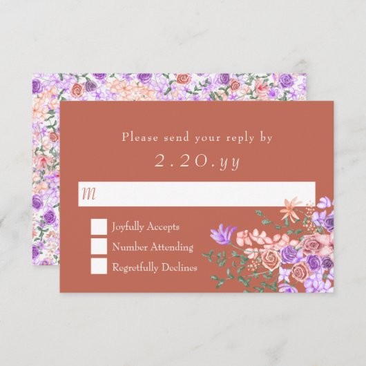 ピーチ、クレー、薄紫ローズブーケウェディングRSVPカード 出欠カード (正面/裏面)