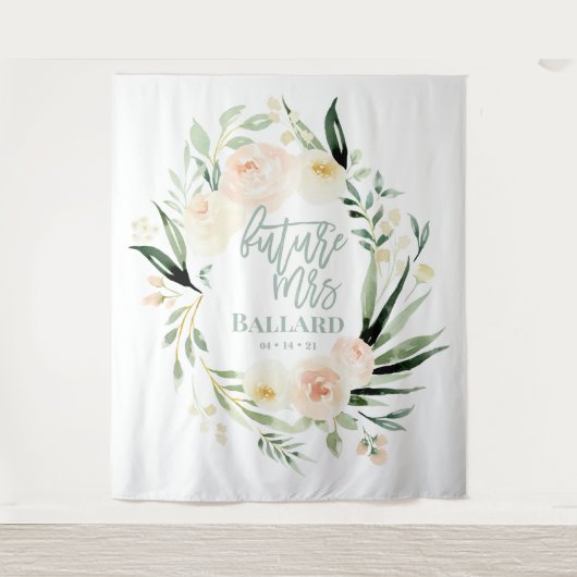 ピーチ+グリーンウォーター色フローラブライダルシャワーテープ タペストリー (正面)