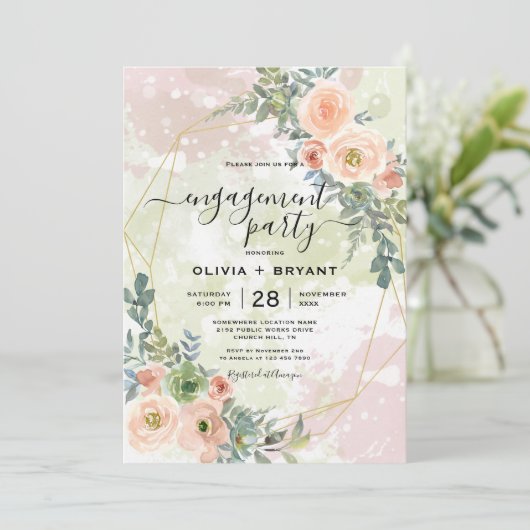 ピーチ&グリーン金ゴールド幾何学フレーム招待状 招待状 (スタンド正面)