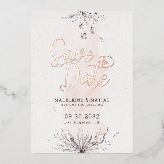 ピーチ&グレーフローラロマンチックな結婚式は日付を保存 箔招待状 (正面)