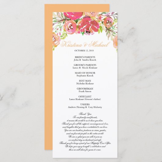 ピーチ&コーラルフローラ結婚式 プログラム (正面/裏面)