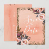 ピーチ＆ゴールドグリッター フラワー モダン セーブ・ザ・デート 案内ポストカード (正面/裏面)