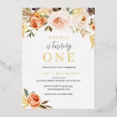 ピーチ ゴールド オレンジ 花柄 ガール 1歳 誕生日  箔招待状 (正面)