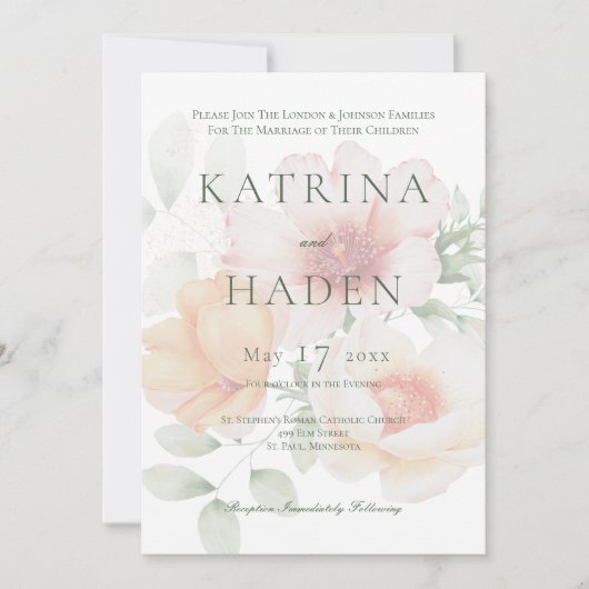 ピーチ＆セージグリーンの花のウェディング招待状 招待状 (正面)