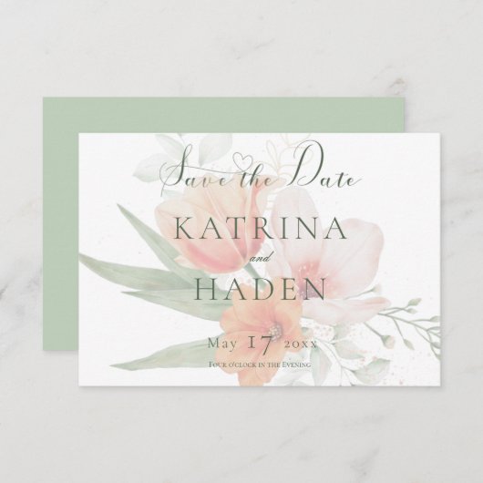 ピーチ&セージ緑結婚の花 セーブザデート (正面/裏面)