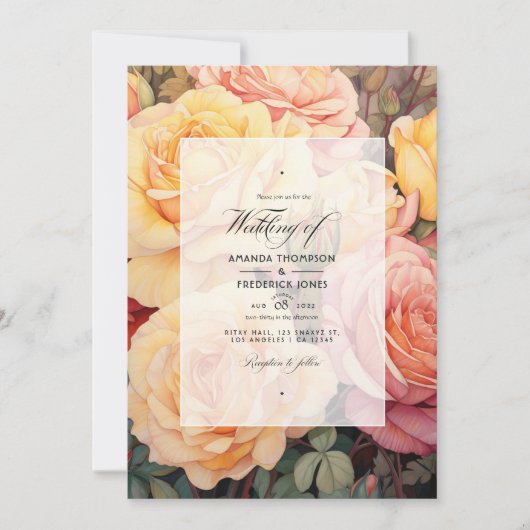 ピーチ、ソフトイエロー、ほこりっぽいバラフローラ結婚 招待状 (正面)