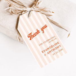 ピーチ&タンジェリンストライプのレトロ結婚ズ ギフトタグ