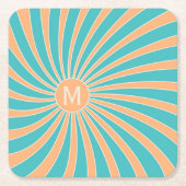 ピーチ&ターコイズレトロスタイル日が差すことデザイン スクエアペーパーコースター (正面)