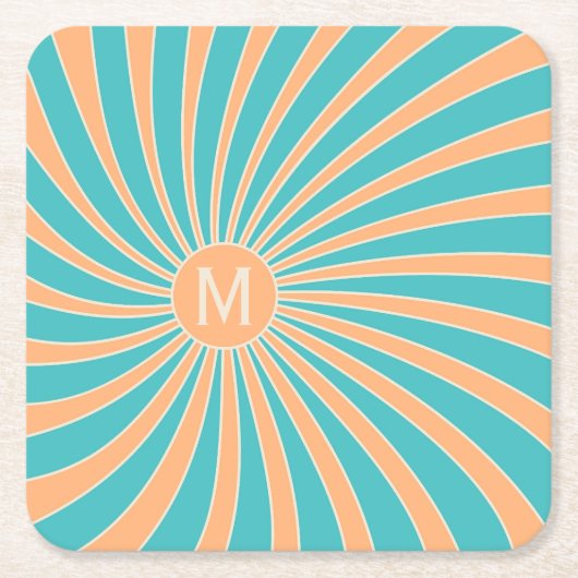ピーチ&ターコイズレトロスタイル日が差すことデザイン スクエアペーパーコースター (正面)