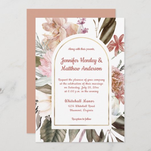 ピーチ&テラコッタ素朴フローラ結婚ズI 招待状 (正面/裏面)