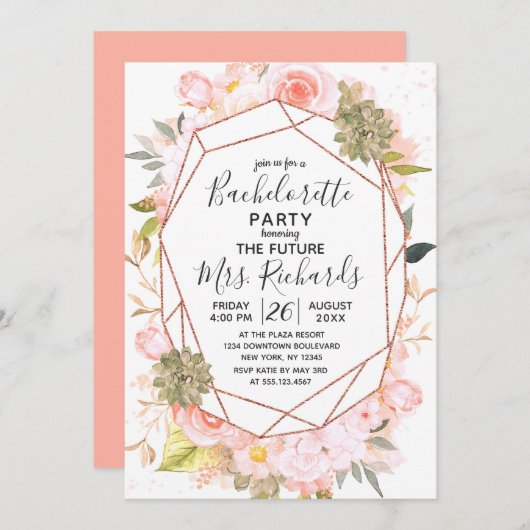 ピーチ&バラ金ゴールドバチェロレッテ招待状 招待状 (正面/裏面)