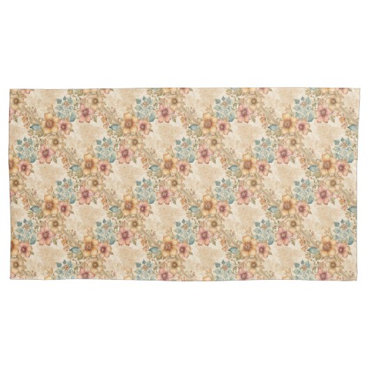 ピーチ、バラ、ブルーフローラ格子 枕カバー (正面)