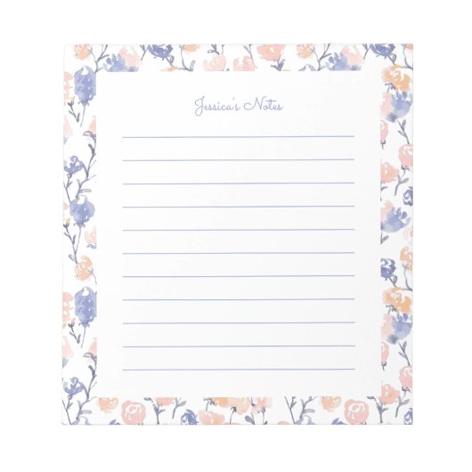 ピーチ&パープルフローラパーソナライズされたメモ帳 ノートパッド (正面)