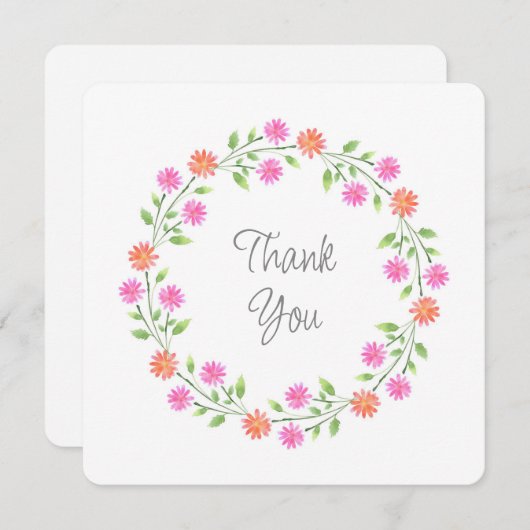 ピーチ&ピンクウォーターカラーデイジーリース サンキューカード (正面/裏面)