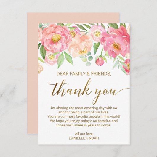 ピーチ&ピンクピーニーフラワー披露宴サンキューカード ポストカード (正面/裏面)